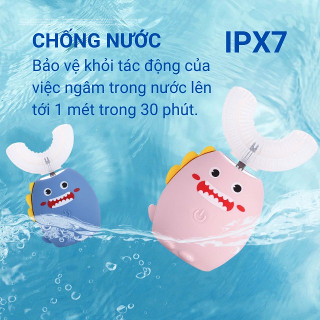 Bàn chải đánh răng điện cho bé chữ u tặng thêm 1 đầu chải, sạc không dây, đèn uv diệt khuẩn trẻ em từ 2 đến 12 dc-29