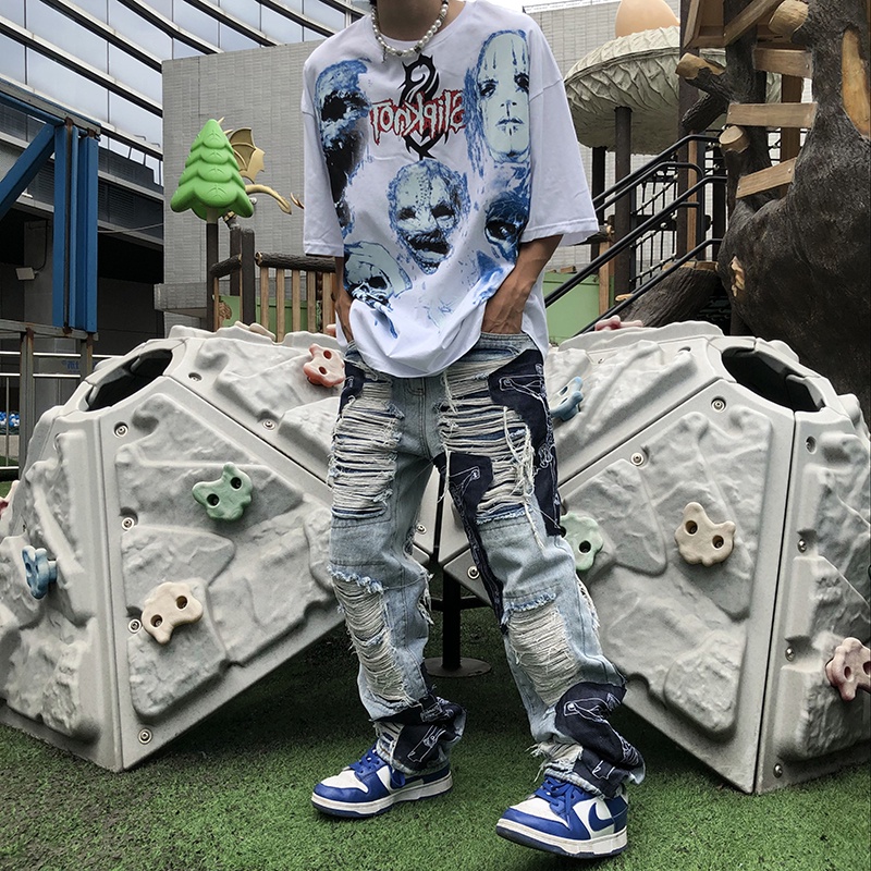 Quần Jeans ông rộng rách lưa tưa phối hoa tiết vá phong cách đường phố, Quần Jeans hiphop oversize Streetwear