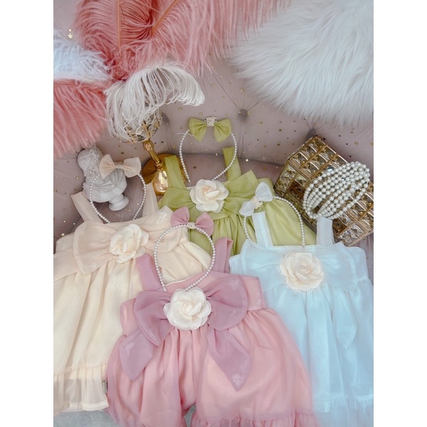 Váy tơ hoa trà kèm bờm cho bé gái