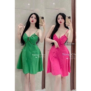 Đầm xoè 2 dây ngực phối cột dây nơ hàng chuẩn!