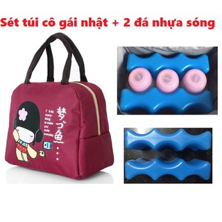 Sét túi giữ nhiệt cô gái Nhật kèm 2 đá nhựa sóng (giữ lạnh 3 bình sữa)