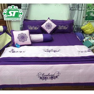 Set chăn ga gối satin chần thêu đẹp 7 món nhiều màu