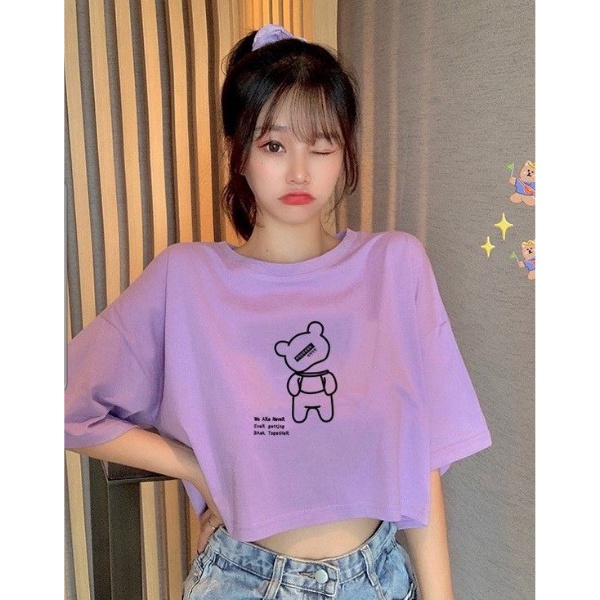 Áo thun nữ Croptop in hình gấu máy dễ thương, form rộng, chất vải cotton dày dặn co giãn 4 chiều, thấm hút mồ hôi mát mẻ