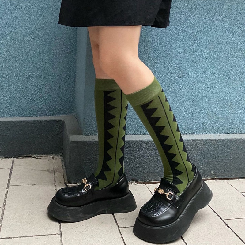Youyo Vớ Cao Đến Đầu Gối Harajuku Nhiều Màu Sắc Họa Tiết Hình Học Kẻ Sọc Trừu Tượng Phong Cách Pháp Cổ Điển Cho Nữ