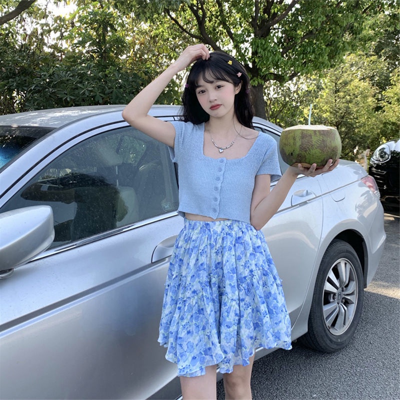 Áo dệt kim COZOKC ngắn tay cổ vuông phong cách cổ điển