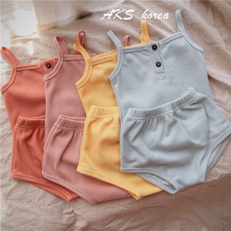 Bộ Áo Hai Dây + Quần Sooc Tam Giác Phong Cách Hàn Quốc Thời Trang Mùa Hè Xinh Xắn Cho Bé Trai Và Gái