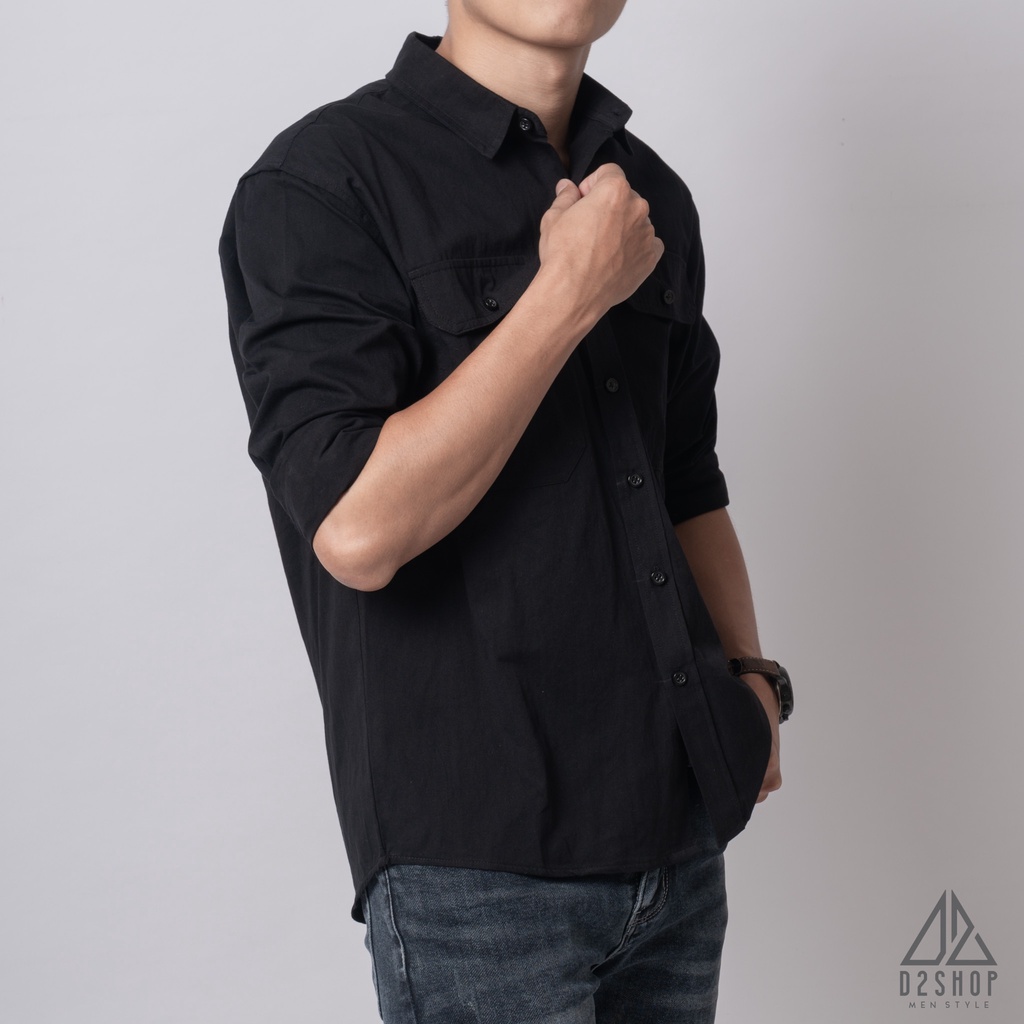 Áo sơ mi D2shop, áo sơ mi nam dài tay vải kaki túi hộp, màu đen