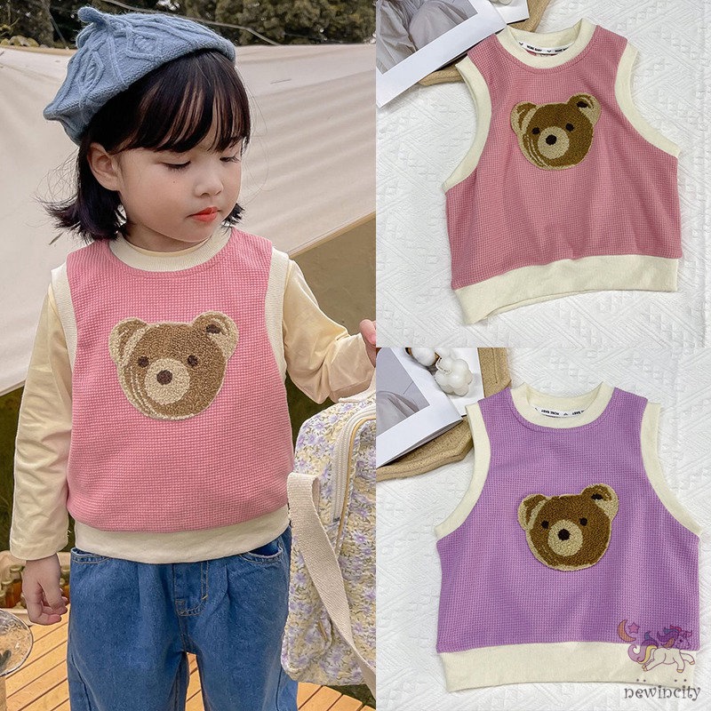 Áo kiểu sát nách thêu họa tiết gấu hoạt hình phong cách Hàn Quốc xinh xắn dành cho bé gái