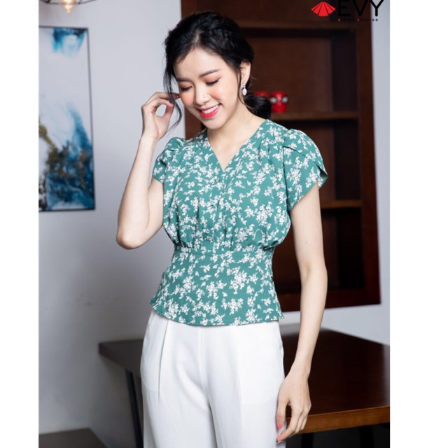 Áo Sơ Mi Công Sơ Nữ, Áo Sơ Mi Xanh Hoa Nhí, Ngắn Tay Xẻ Kiểu Cách, Bo Chun Eo