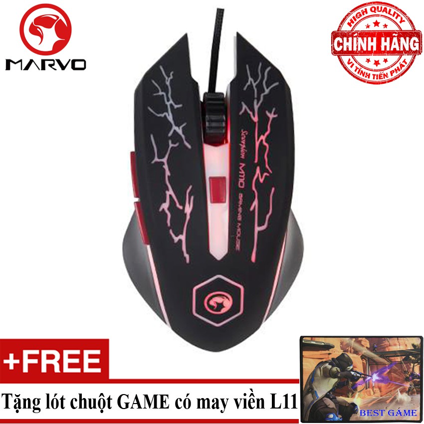 Chuột chuyên Game 6D Marvo M110 Đèn Led nhiều màu + Tặng lót chuột game L11