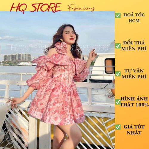 Đầm dự tiệc voan hoa hồng, váy tay lỡ hở vai bèo dây cột kèm bông váy ngắn có quần lót trong - Maxi HQ store