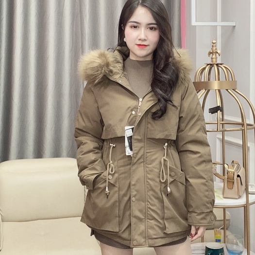 Áo khoác parka kaki nữ lót lông mũ lông rút dây chỉnh eo túi hộp chéo EvaLover