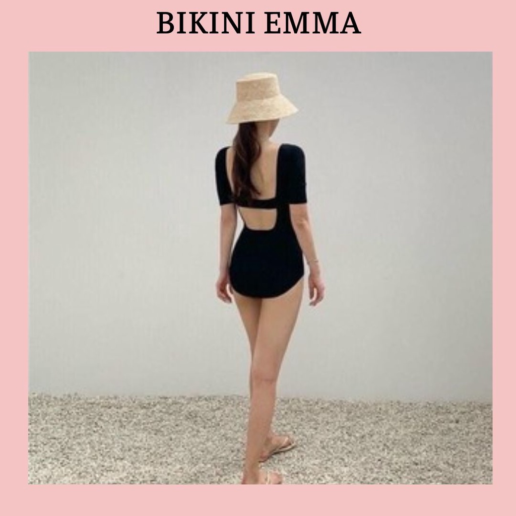 Bikini liền khoét eo đen (hình thật khách mặc)