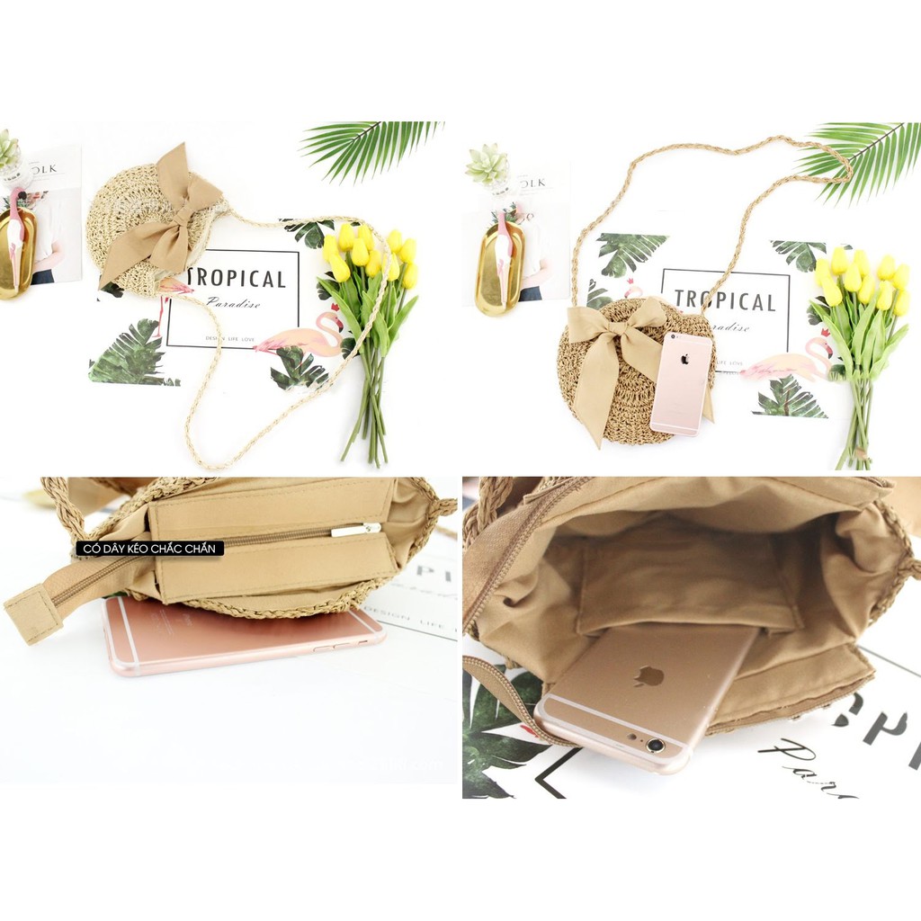 Túi Cói Đi Biển Tròn Đeo Chéo Phối Nơ Hot Hit L998 - LoanTay