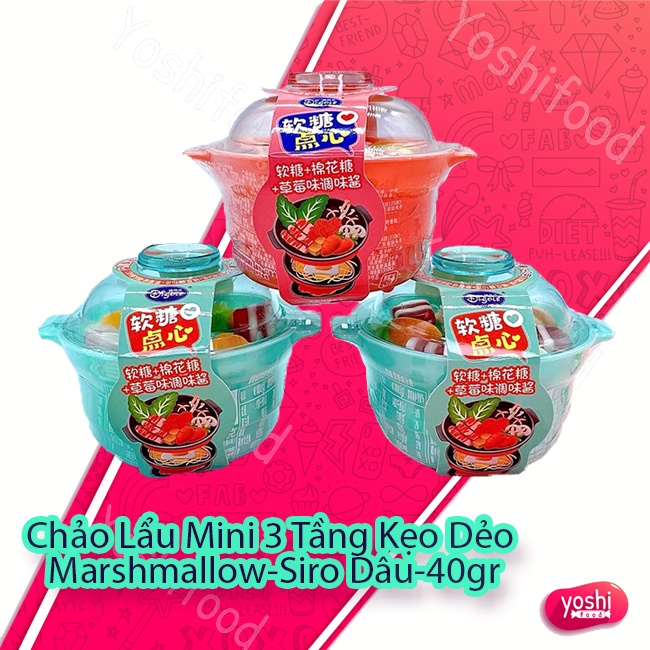1 Cái Chảo Lẩu Mini 3 Tầng Kẹo Dẻo & Marshmallow Kèm Siro Dâu Hongkong 40gr