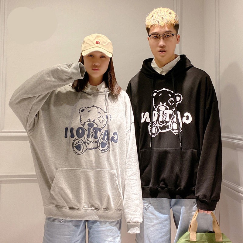 Áo Hoodie Mỏng Dáng Rộng In Hình Gấu Thời Trang Mùa Thu Cho Cặp Đôi