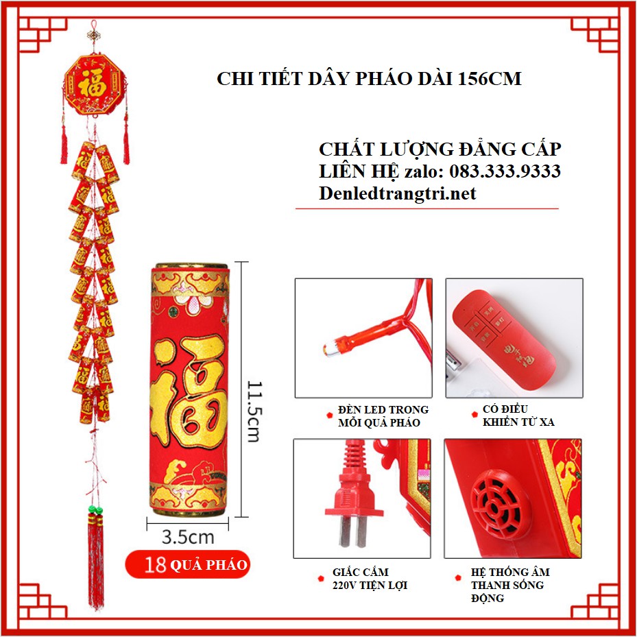 Dây PHÁO 18 quả có đèn LED chớp có hệ thống ÂM THANH tiếng nổ như thật trang trí TẾT