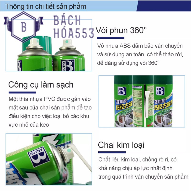 Chai xịt tẩy keo băng dính siêu sạch Botny Hando 450ml
