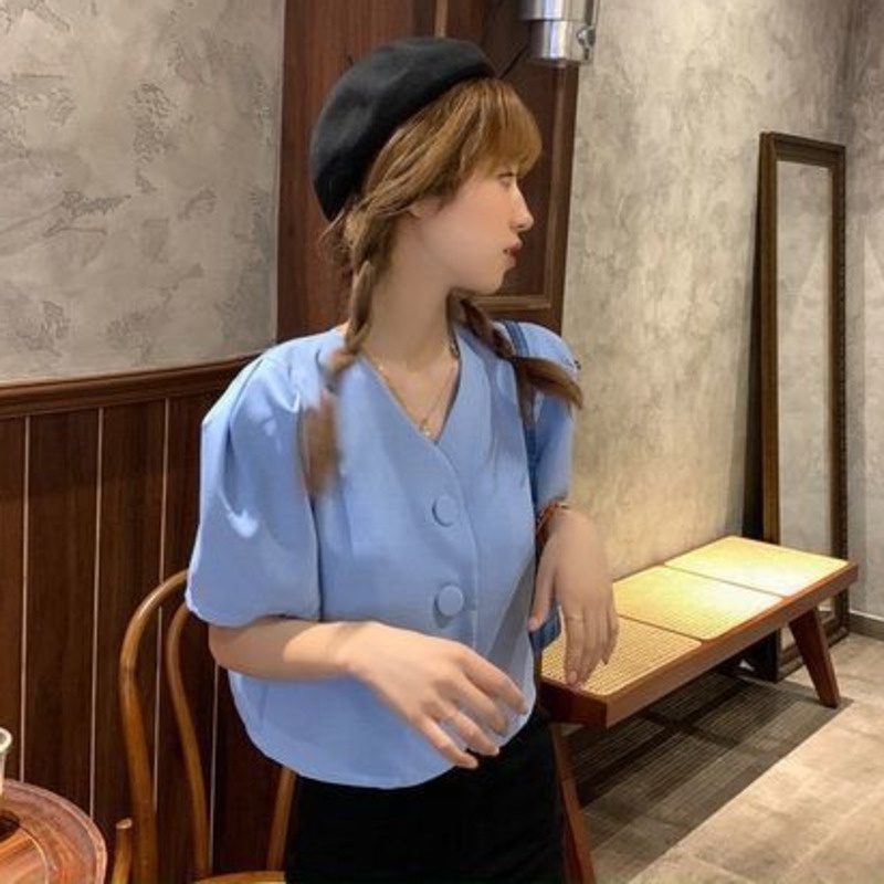 Áo Sơ Mi Chiffon Tay Ngắn Phồng Cổ Chữ V Phong Cách Hàn Quốc Mẫu Mới Mùa Hè 2022 Dành Cho Nữ