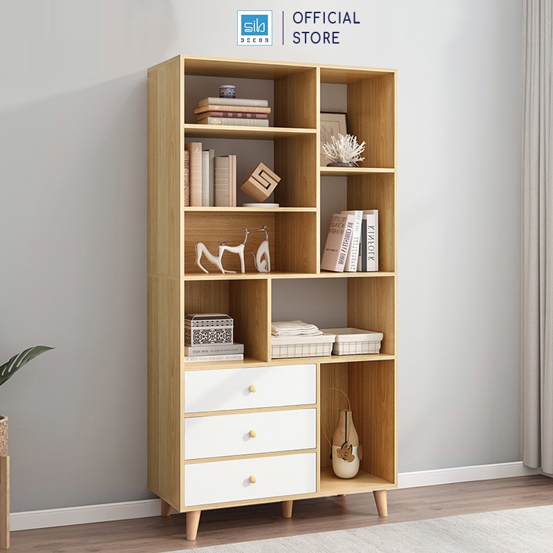 Tủ Sách Để Sàn Nhiều Ngăn Hiện Đại Màu Vân Gỗ Sồi Và Trắng Thương Hiệu SIB Decor