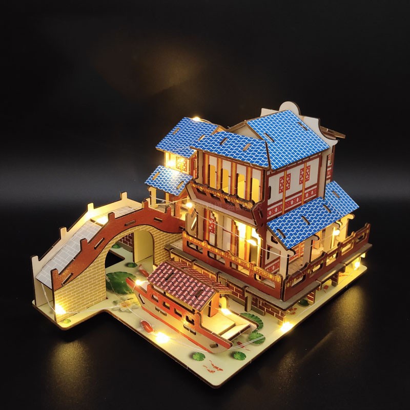 Đồ chơi lắp ráp gỗ 3D Mô hình Nhà cổ Laser BZQ-054 Kèm đèn LED