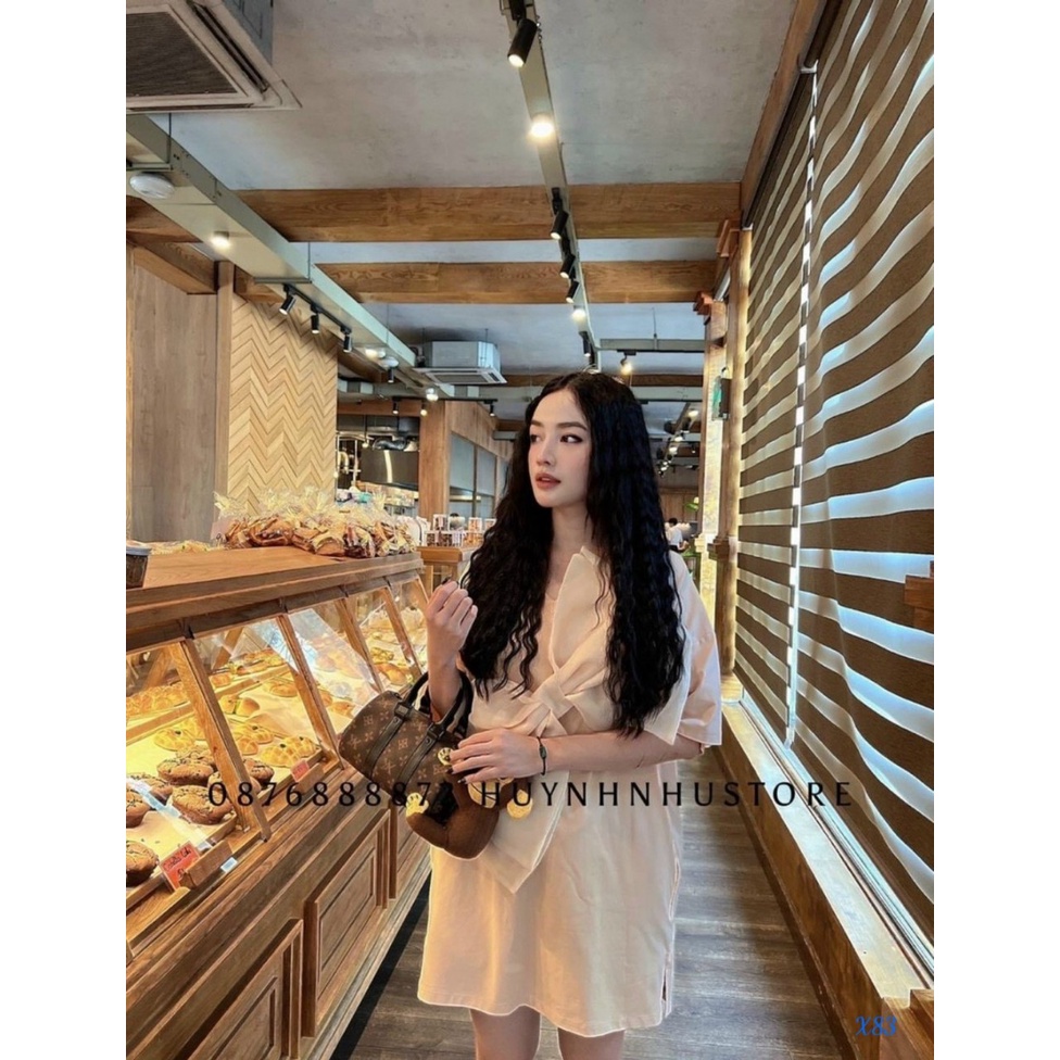 [Đầm sale] Đầm cotton ngắn tà đi chơi phong cách cute phối nơ kiếng trước ngực siêu độc đáo