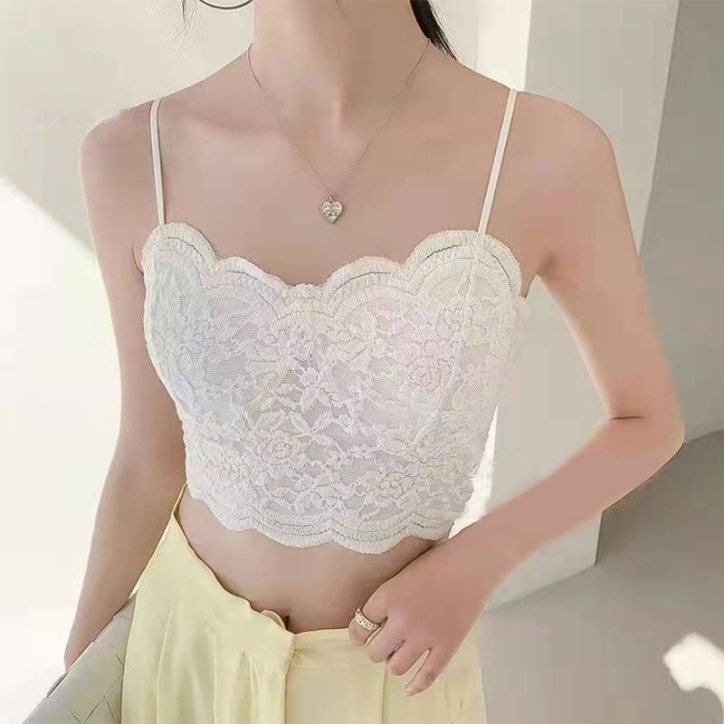 Brroa Áo Croptop Hai Dây Phối Ren Hoa Màu Trơn Có Đệm Ngực Phong Cách Vintage Cho Nữ
