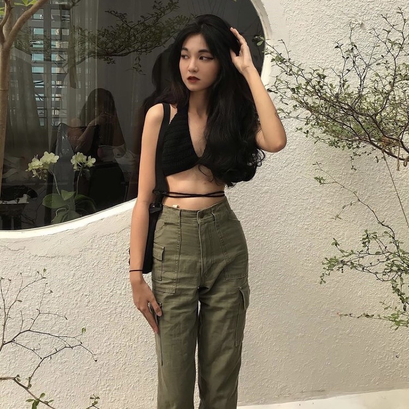 Áo len dáng bra đen dây thắt eo hàng handmade