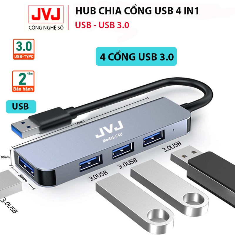 Hub USB typec C4 JVJ 4 trong 1 cổng chuyển đổi chia cổng Type-C/USB sang USB 3.0/2.0 cho MacBook laptop - Bảo hành 2 năm