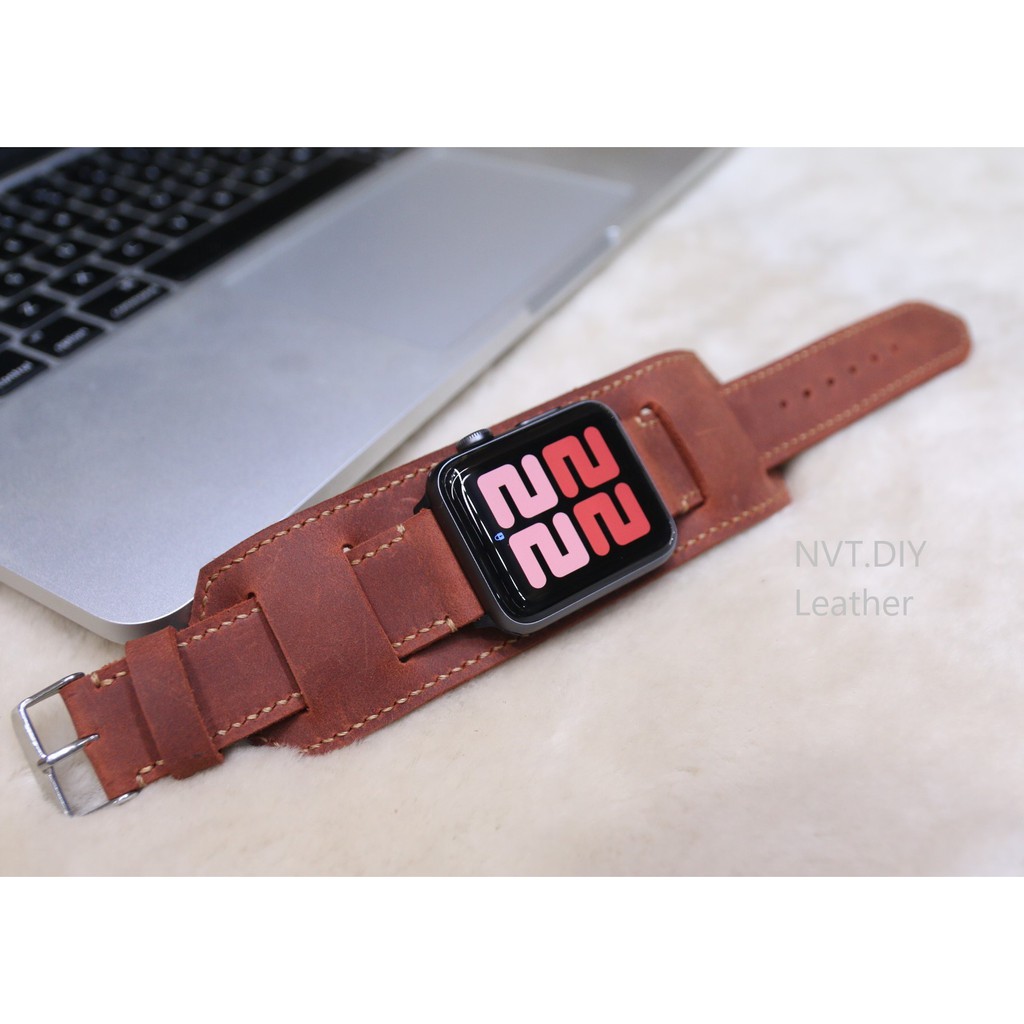 Dây đeo Bundstrap thay thế Apple Watch da bò sáp Nâu đỏ handmade