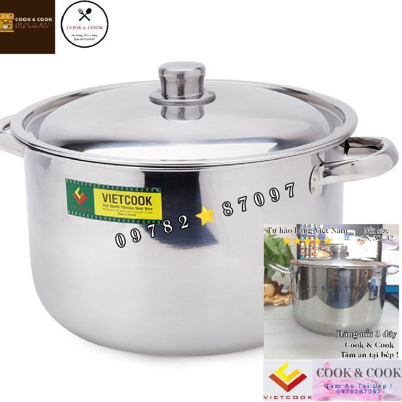 [CHÍNH HÃNG] Nồi luộc gà 3 đáy Vietcook inox 430 đủ size 24cm, 26cm, 28cm, 30cm, 32cm sử dụng được trên bếp từ