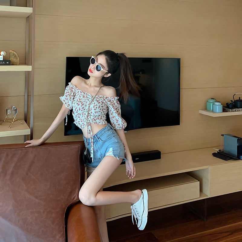 Áo trễ vai hoa rút dây H3350 (hàng nhập)
