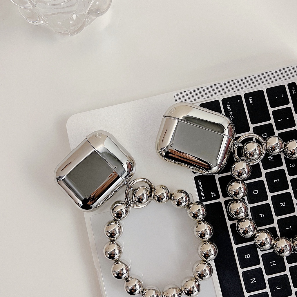 Vỏ Bảo Vệ Hộp Sạc Tai Nghe Bluetooth airpods 1 2 3 pro Bằng tpu Mềm Mạ Bạc Đính Chuỗi Hạt Thời Trang Mới