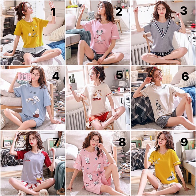 Bộ thun ngắn mặc nhà, hoạ tiết xinh xắn, chất mát