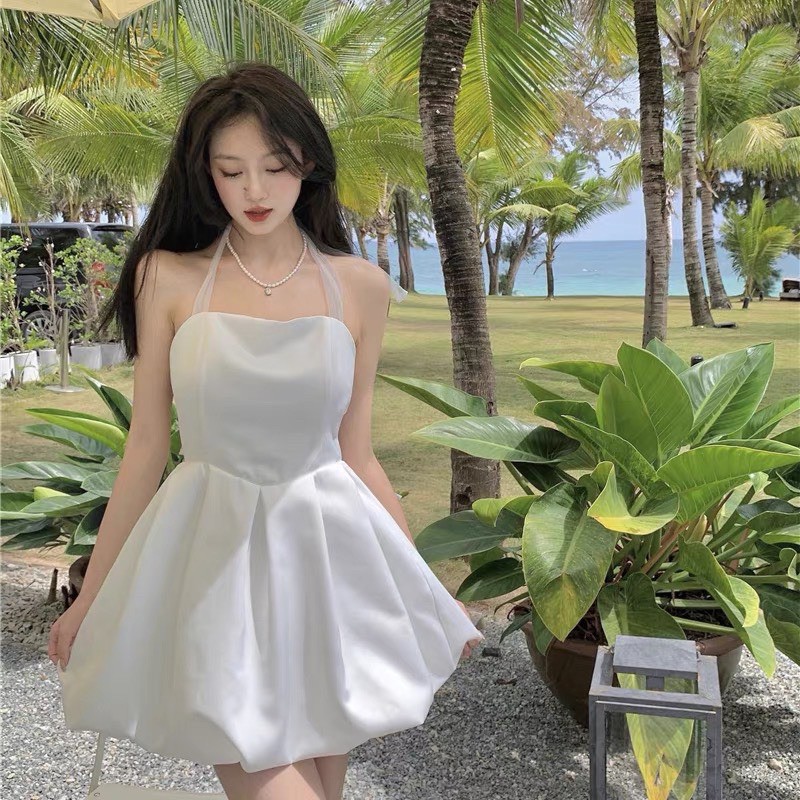 Đầm Xoè Tiểu Thư Cột Nơ Hở Lưng Chất Lụa Ánh Cao Cấp