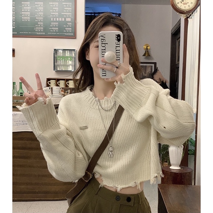 Áo Len Croptop Dệt Kim Tua Rua Tay Dài Dáng Rộng Siêu Ngầu