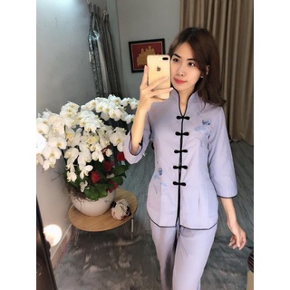 Đồ lam đi chùa nữ sẩm thêu size 40-75kg
