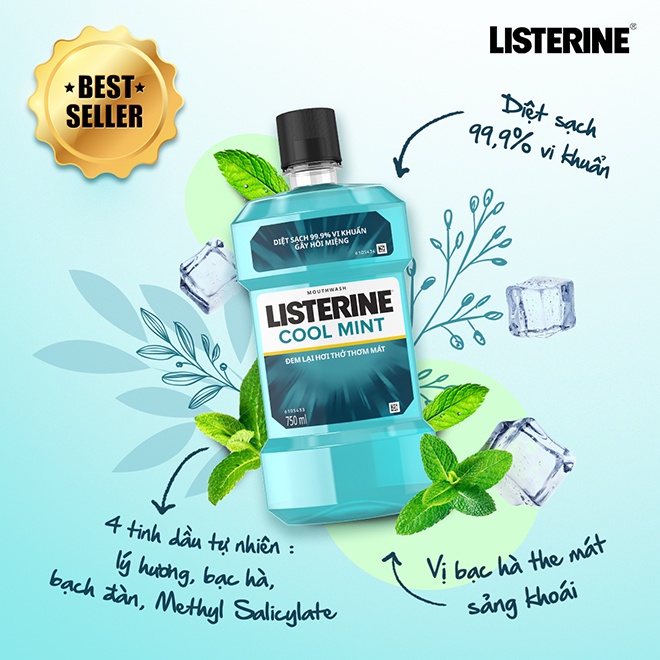 Nước Súc Miệng Listerine Bạc Hà Diệt Khuẩn, Giữ Hơi Thở Thơm Mát Listerine Coolmint Mouthwash 750ml