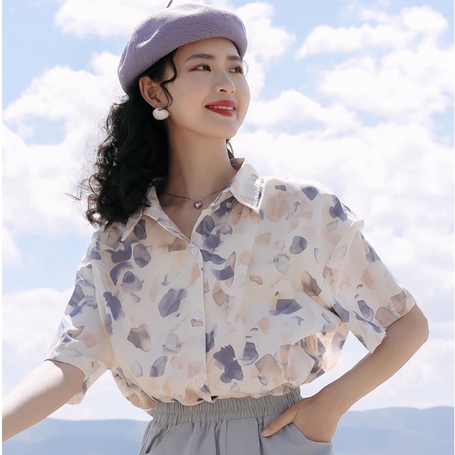 Áo Sơ Mi Voan Hoa Ngắn Tay Dáng Rộng Xinh Xắn Dành Cho Nữ