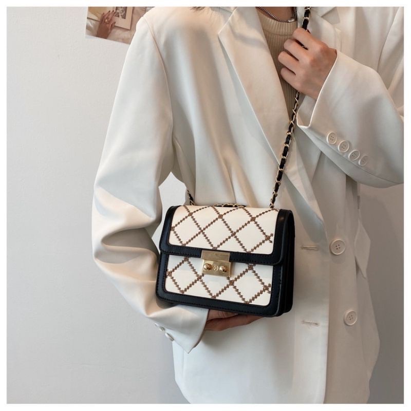 Túi Đeo Chéo Nữ, Túi Xách Da Vân Caro Khoá Bấm