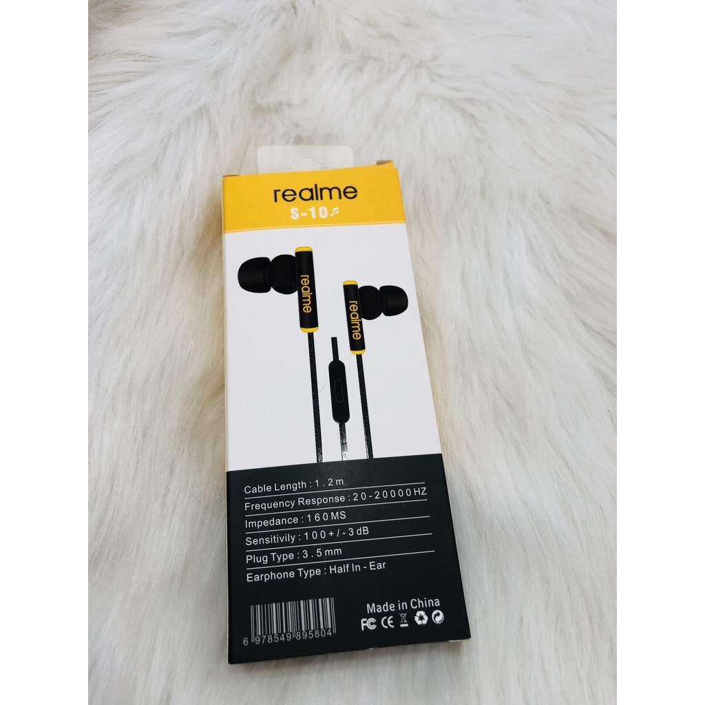 Tai nghe REALME S-10 jack 3,5mm dễ dàng kết nối với thiết bị của bạn, có núm caosu êm tai, dây dài 1,2m