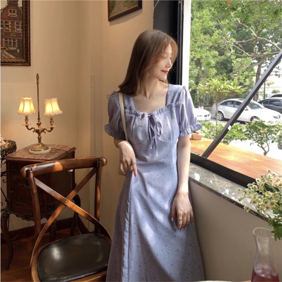(HÀNG QC SẴN) Đầm tím hoa nhí cổ vuông