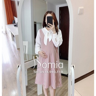 Váy bầu kẻ hồng tay trắng