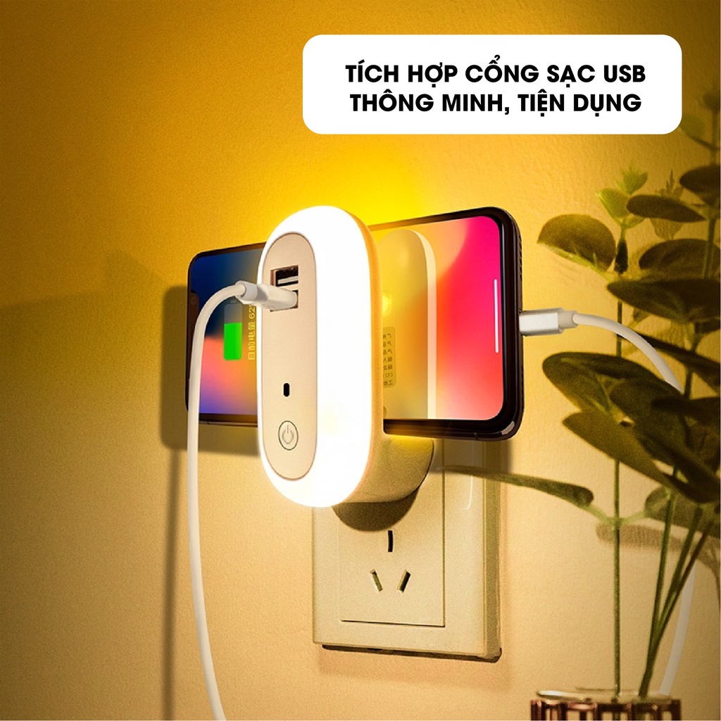[ẢNH THẬT] Đèn Ngủ Thông Minh Có Cổng Sạc USB, 10 Cấp Độ Sáng, Điều Khiển Từ Xa Bằng Remote, Hẹn Giờ Tự Động