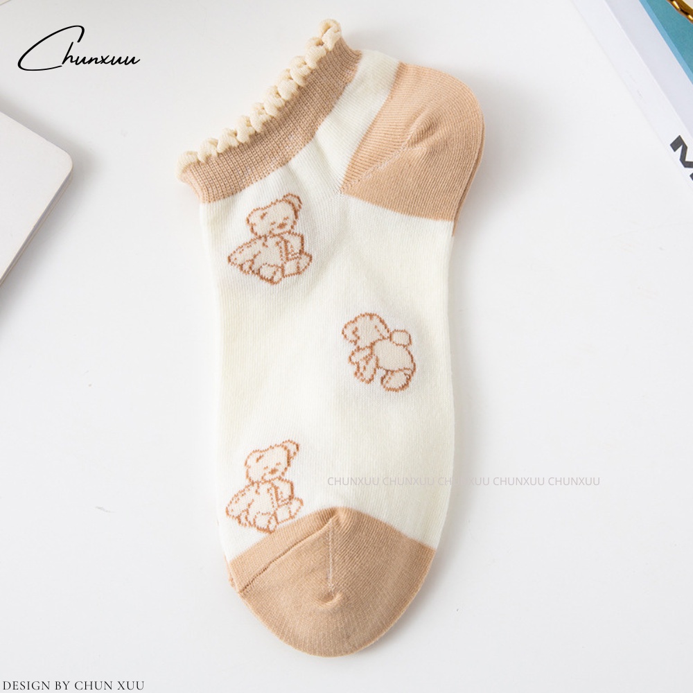 Tất nữ cổ ngắn cổ viền bèo họa tiết gấu dễ thương vải cotton co dãn ChunXuu - T10