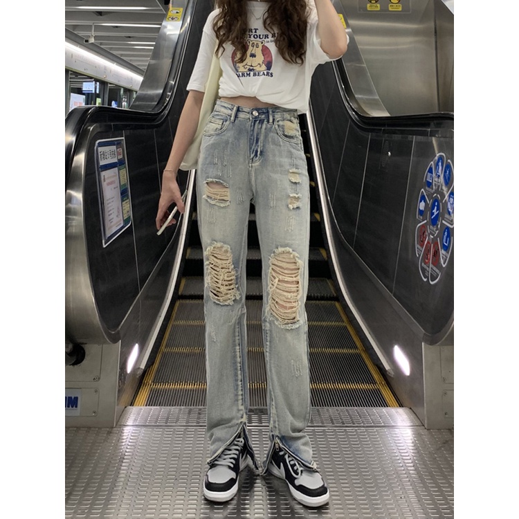 Quần jeans Nữ Dài Lưng Cao Mài Rách Thời Trang Hàn