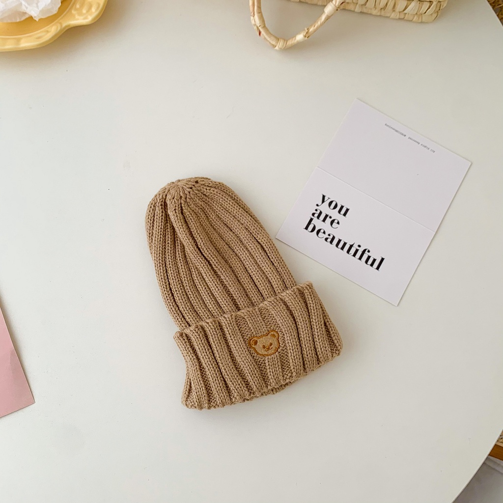 Mũ len giữ ấm thêu hình gấu màu kẹo cho bé 1-5 tuổi