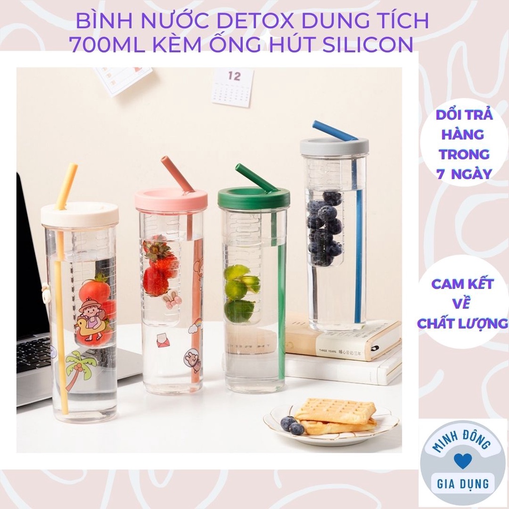 Bình nước detox đựng trà 700ml có khay lọc kèm ống hút chất liệu nhựa cao cấp
