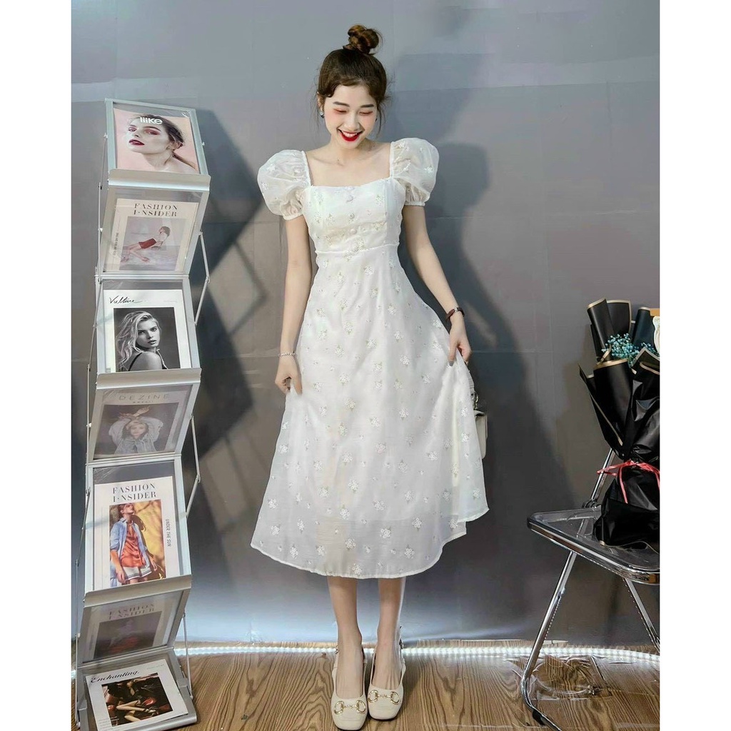 [HCM] Đầm Xòe Nữ Voan Hoa 2 Lớp Tay Phồng (Có Mút Ngực) Cao Cấp Thời Trang Nữ Sam Closet Free Size 40-55kg