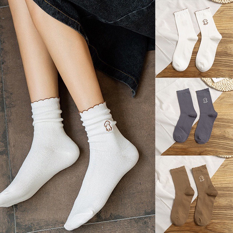 Tất nữ cổ bèo họa tiết cún con dễ thương vớ tầm trung phong cách Hàn Quốc cho giới trẻ thời trang mùa hè EMOJI TD032